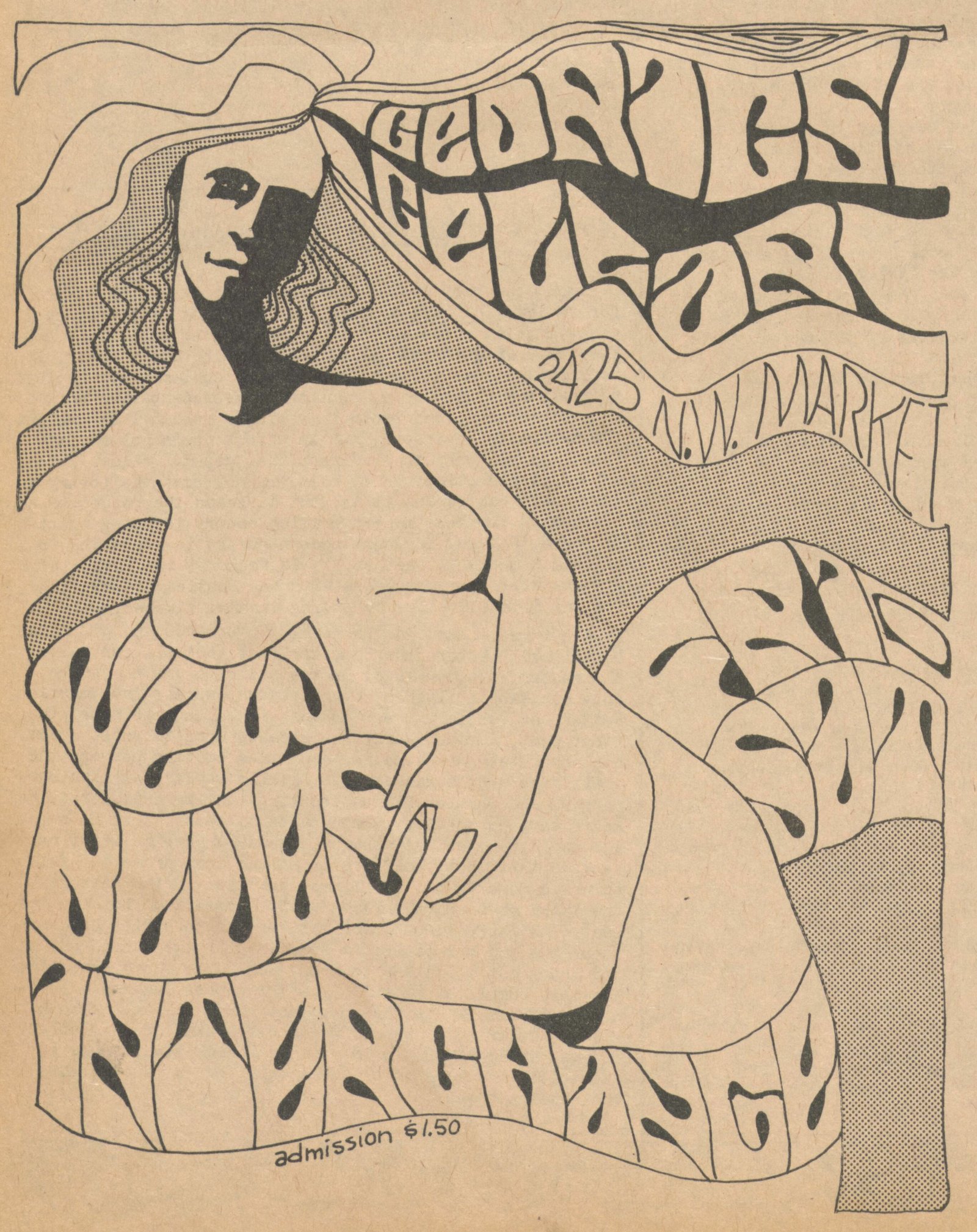 Tónleikaauglýsing frá 1967 með sveigðu letri, skrautlínum og teiknaðri mannsmynd.